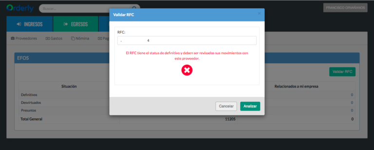 Sistema contable mostrando una alerta de validación de RFC que indica estatus definitivo en el listado de EFOS, señalando la necesidad de revisar operaciones con ese proveedor.