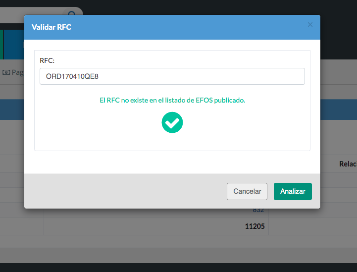 Pantalla de validación de RFC que confirma que un contribuyente no aparece en el listado de EFOS, dentro de un sistema de verificación fiscal.